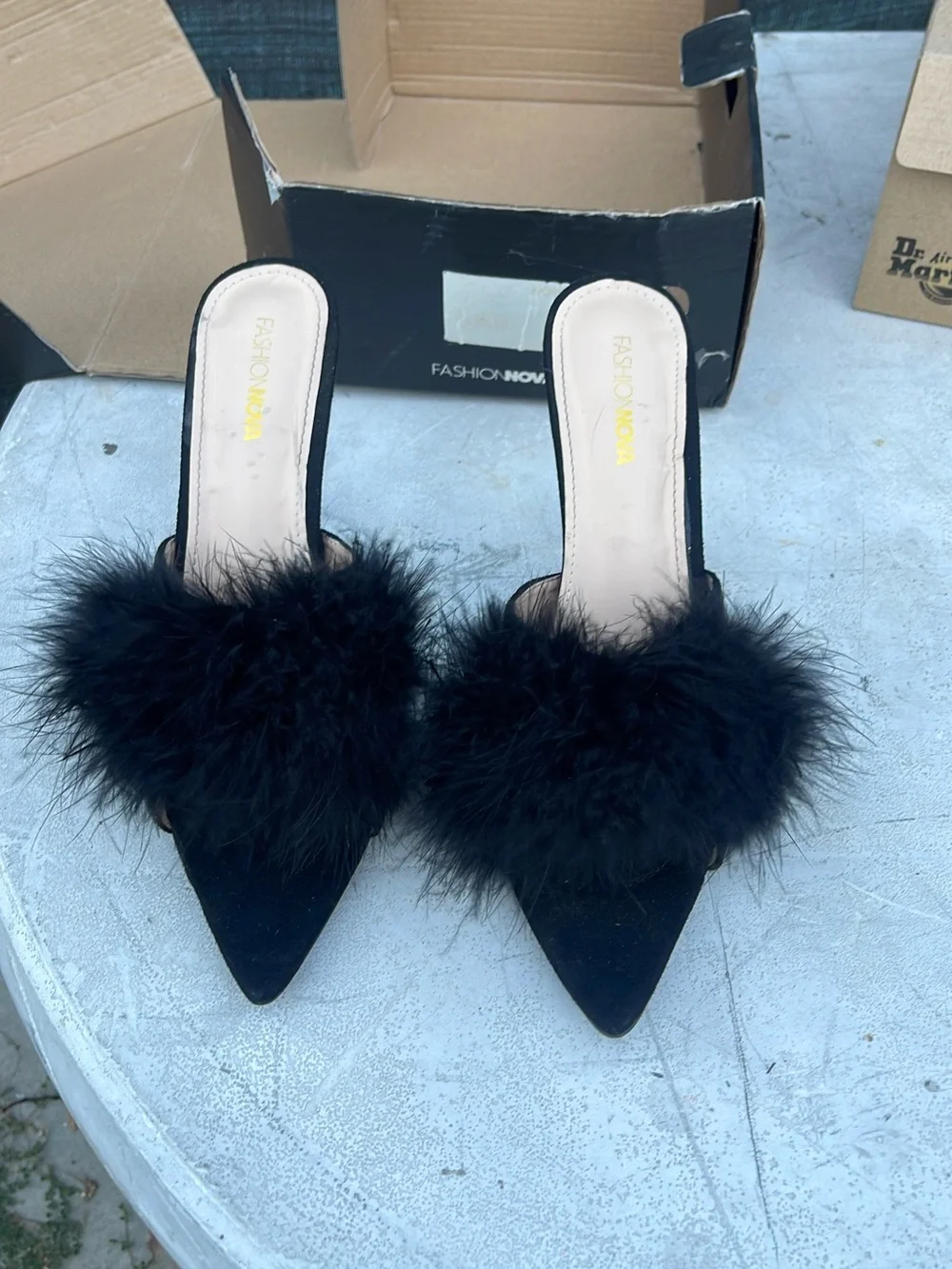 Fashion Nova Black Feather Pom Pointed-Toe Mules